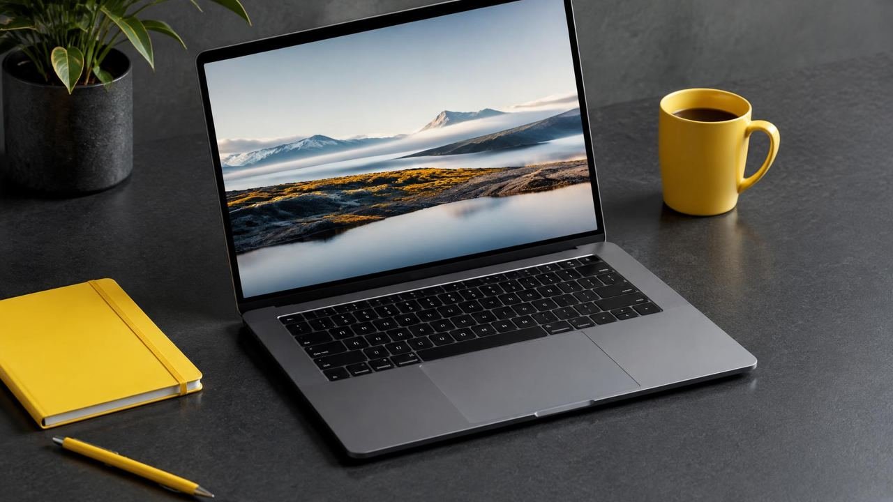 Laptop displaying a landscape on a desk.