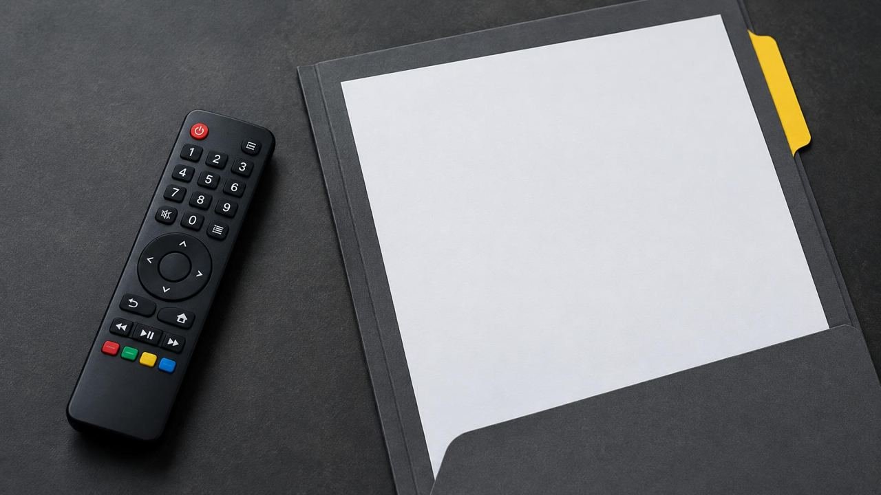Television remote beside a blank document in a folder.