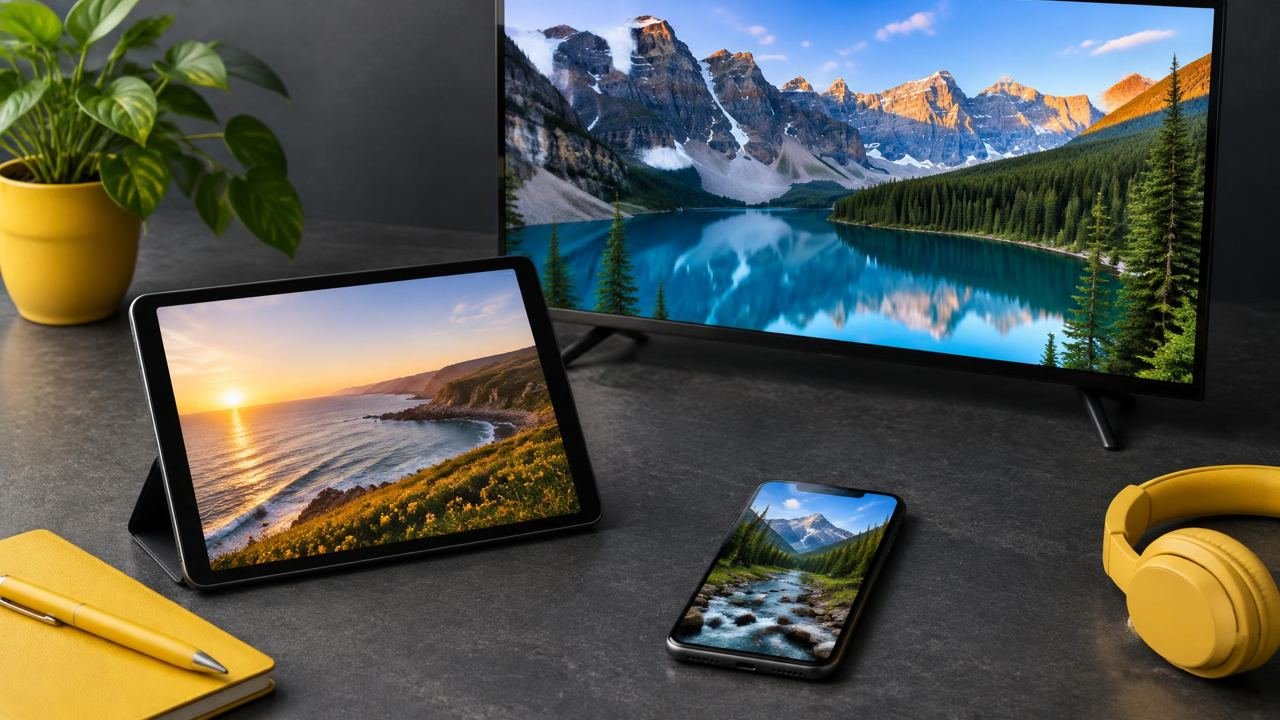 Television, tablet and phone showing different landscapes.