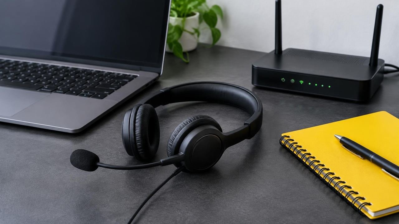 Headset beside a laptop and broadband router.