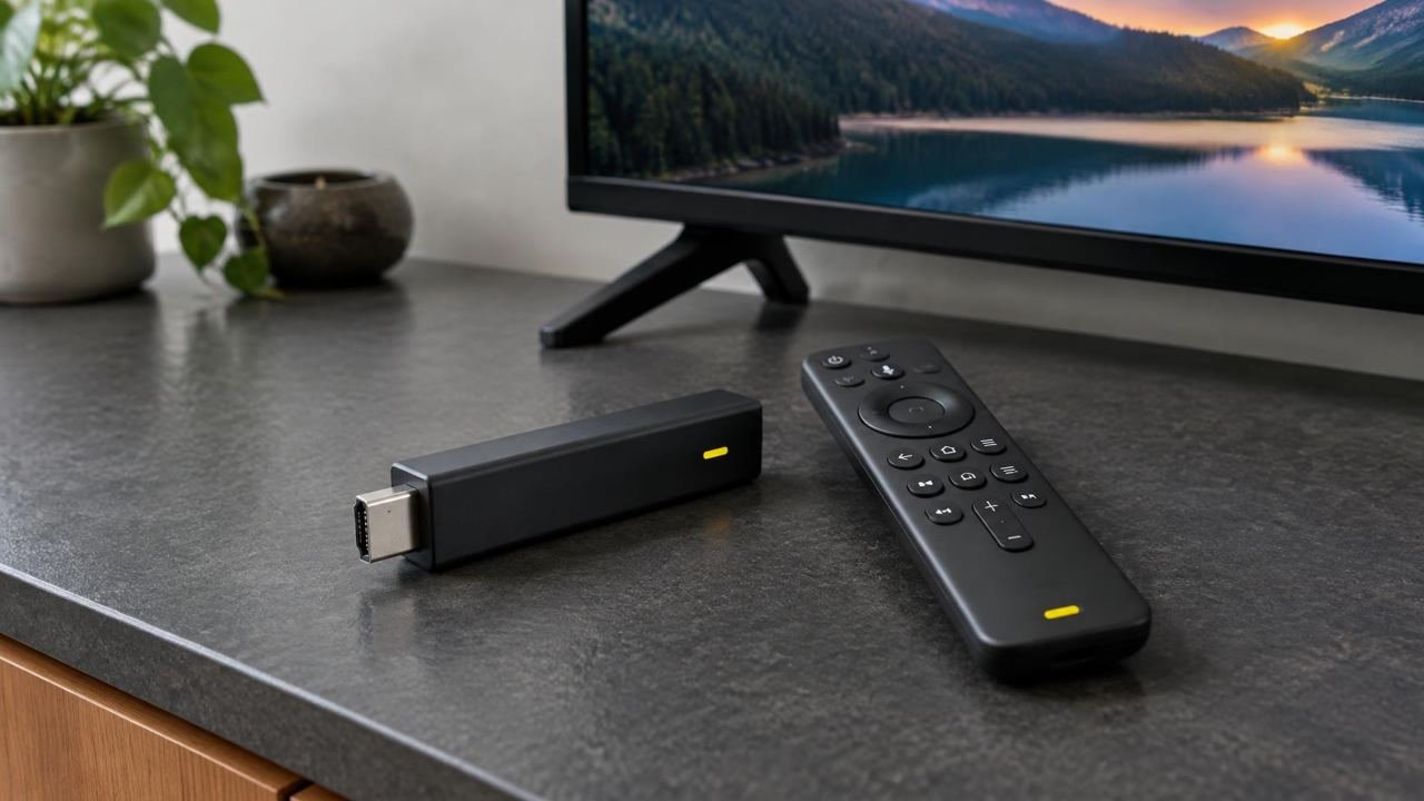 HDMI streaming stick and remote beside a television.