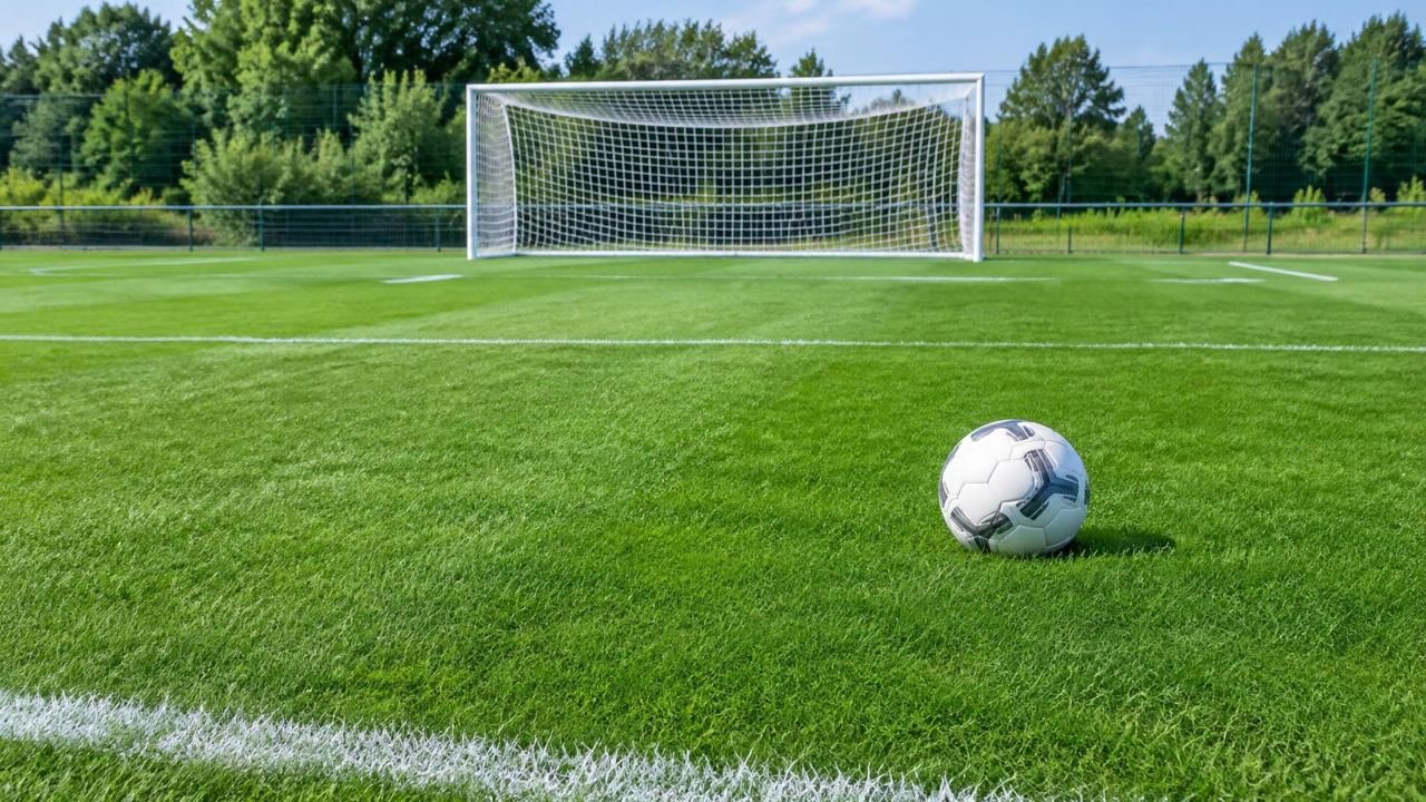 Football on an empty green pitch in front of a goal.