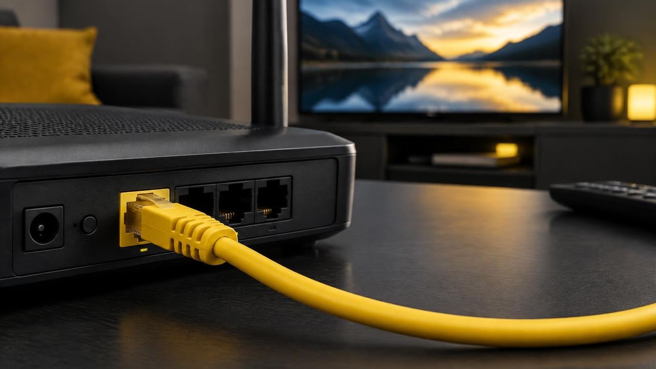 Yellow Ethernet cable connected to a broadband router.
