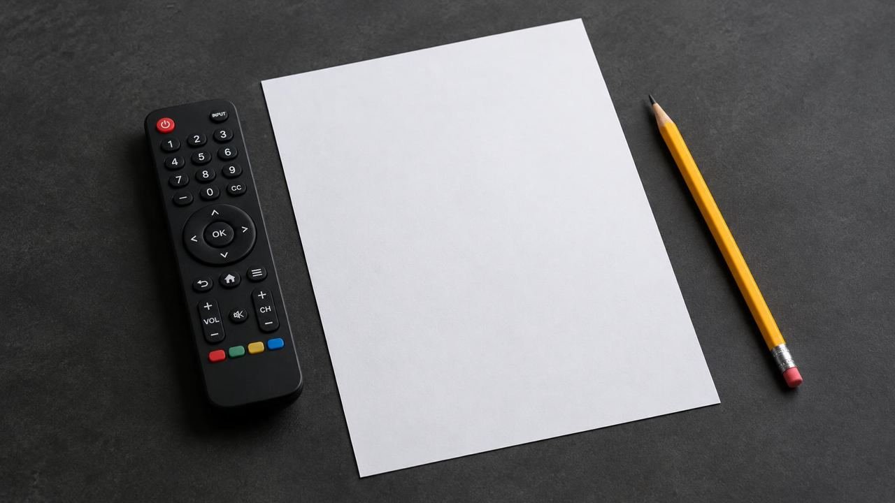 TV remote beside a blank document and pencil.