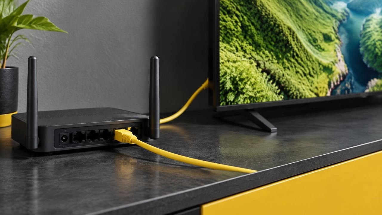 Broadband router with Ethernet cable beside a television.